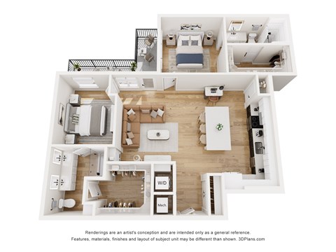Floor plan for 2 beds, 2 baths, 1250 sqft